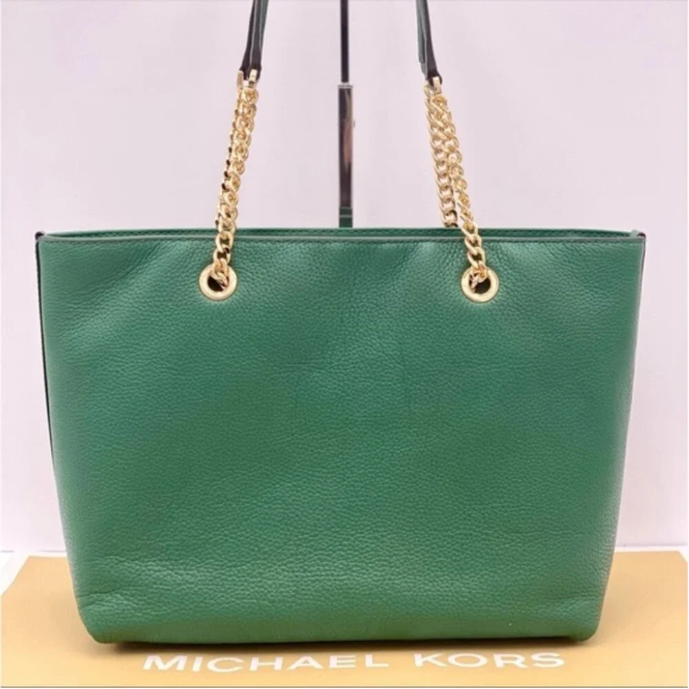 New Michael Kors Medium Front Zip Chain Tote Bag Leather JEWEL GREEN